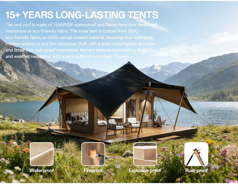 Bayamo 8.5x9m Khaki PVDF Waterproof Glamping Tent 76.5㎡ Luxury Safari Tent Bayamo Flame-Retardant 1050PVDF  Membrane Tent