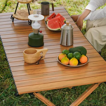 High Quality Portable Wood Folding Table Outdoor Camping Dining Rustic Thickened Egg Roll Aluminum Metal Includes Picnic Storage
