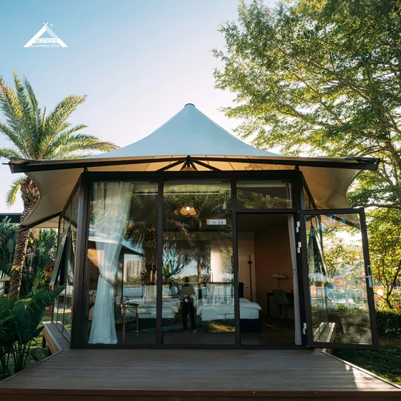 Factory New Outdoor Hotel with Glass Doors, Hard Walls, Luxury Large Wildlife Resort Camping Tents