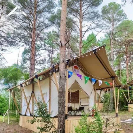 Outdoor Holiday Camping Hotel Luxury Wooden Structure Windproof Safari Summer Tent Oxford Modular Design >3000mm Waterproofing