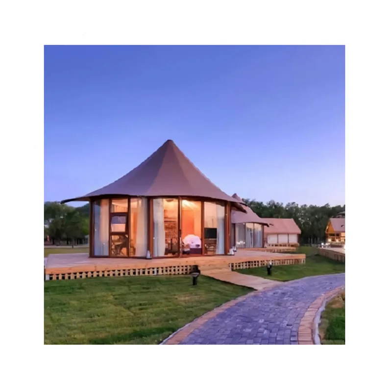 Outdoor Glass Door and Wall Light House Tent Luxury Large Hotel Glamping Tent with Bathroom Family Camping Travel Trip Tent