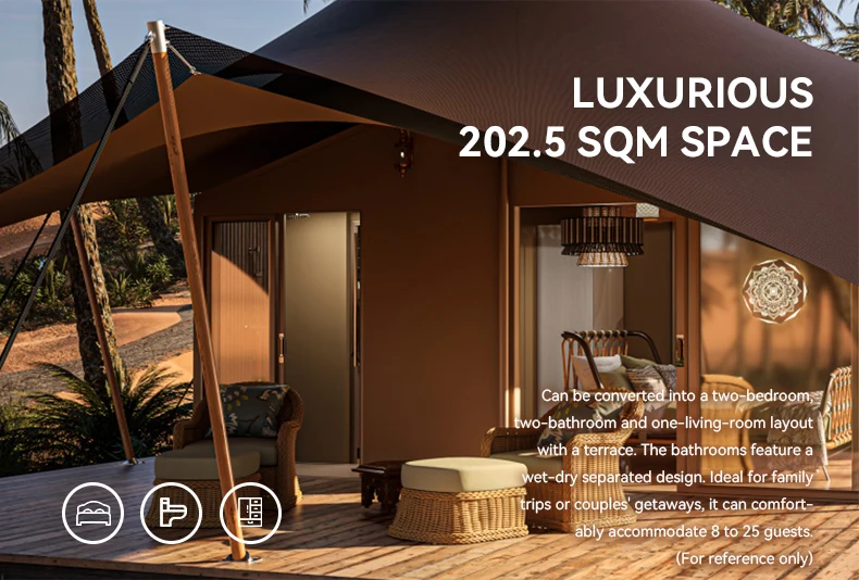 22.5x9m Khaki PVDF Waterproof Glamping Tent 202.5㎡ Luxury Safari Tent Flame-Retardant PVDF Membrane Tent - Image 3
