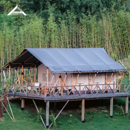 Custom Wild Luxury Hotel Tent Double Thickened Wooden Outdoor Glamping Tent Camping Safari Tent All Season With Sanitairy