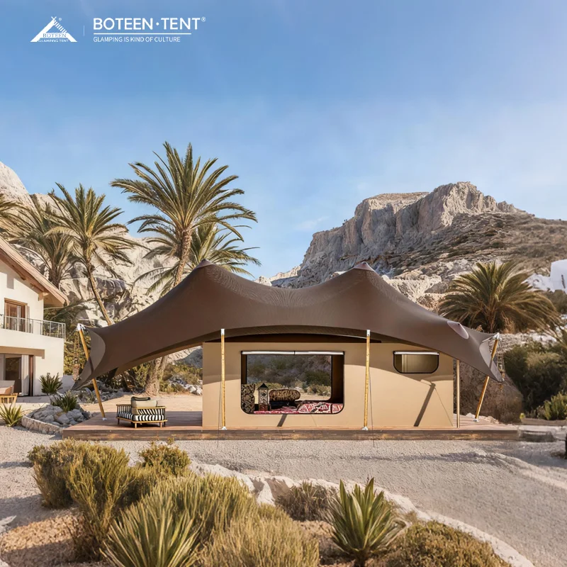 Wooden Outdoor Glamping Tent with Oxford Fabric Four-Season Water Resistant Luxury Safari Desert Hotel & Island Sun Cabin