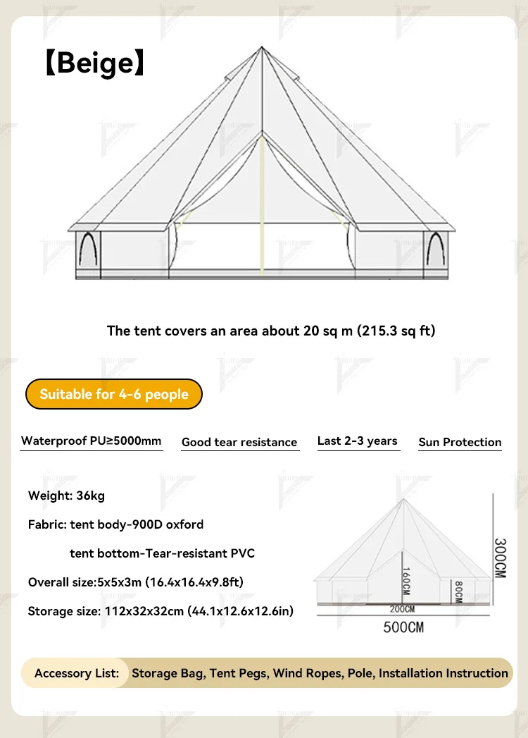 High-End 5m Bell Tent Aluminum Poles Canvas PVC Oxford for Outdoor Camping Hotel Tourist Attractions Accommodates 2 Persons - Image 6