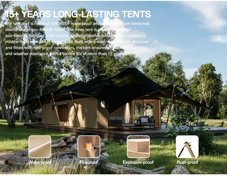 Paula 22.5x10m Khaki PVDF Waterproof Glamping Tent 225㎡ Luxury Safari Tent 225㎡ Paula Luxury Safari Tent