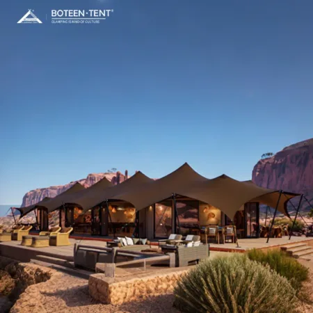 Insulation 33.2x11m 365.2㎡ Khaki PVDF Waterproof Flame-Retardant Luxury Safari Tent Glamping Resort Tent with Galvanized