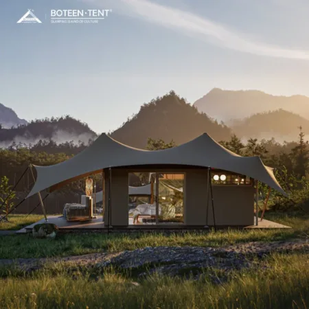 7.5x11.5m Khaki PVDF Waterproof Glamping Tent 86.3㎡ Luxury Safari Tent Flame-Retardant 1050PVDF Membrane Tent