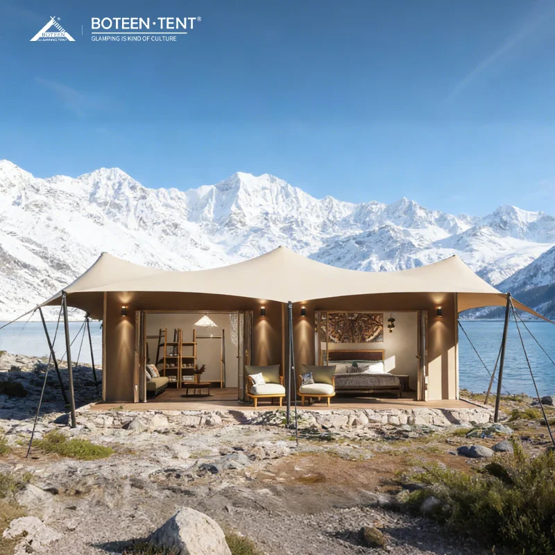 Patagonia Luxury Safari Glamping Tent 12.8x6.8m 87㎡ Khaki PVDF Waterproof Flame-Retardant Resort Tent