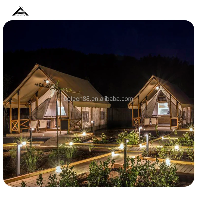 Two-Story Countryside Style Luxury Safari Tent Glamping Hotel for 2 Persons Custom Large Oxford Canvas Polyester PVC Two Double