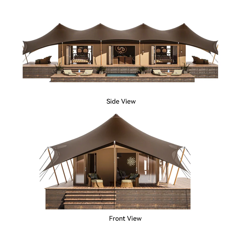 22.5x9m Khaki PVDF Waterproof Glamping Tent 202.5㎡ Luxury Safari Tent  Flame-Retardant PVDF Membrane Tent