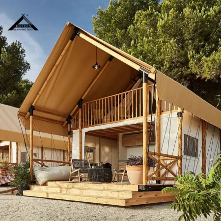 Factory Outdoor Two Storey Resort Luxury Hunting Tent Luxury Canvas Roof Luxury Solid Wood Tent House with Bathroom Loft