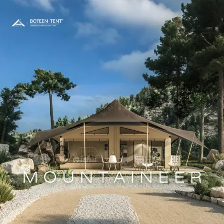 Khaki PVDF Waterproof Flame-Retardant Mountaineer Luxury Safari Tent Glamping Resort Tent with Galvanized Steel Structure