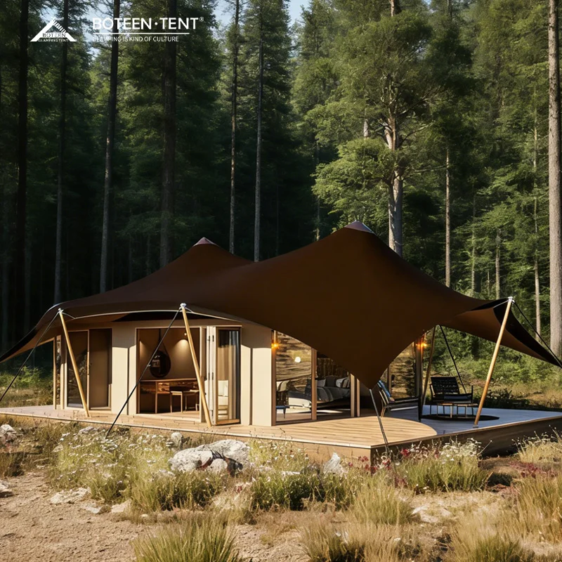 12.3x9m 110.7㎡ Khaki PVDF Waterproof Flame-Retardant Safari Tent Luxury Glamping Resort Tent with Galvanized Steel Structure