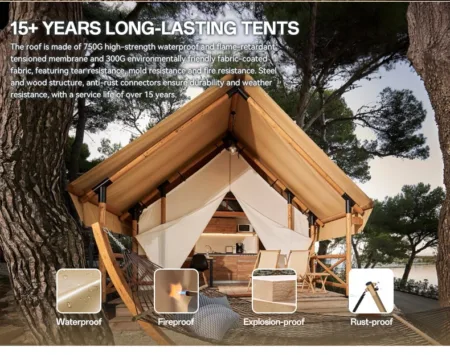 Luxury Hotel Double Wooden Glamping Tent with Oxford Fabric Three Bedrooms & Living Room All-Season Waterproof >3000mm