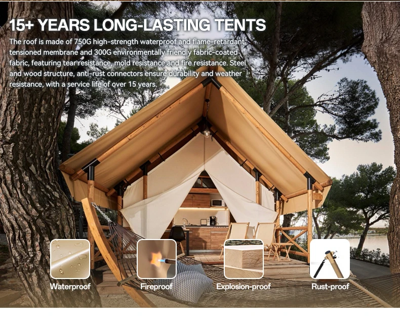 Luxury Hotel Double Wooden Glamping Tent with Oxford Fabric Three Bedrooms & Living Room All-Season Waterproof >3000mm