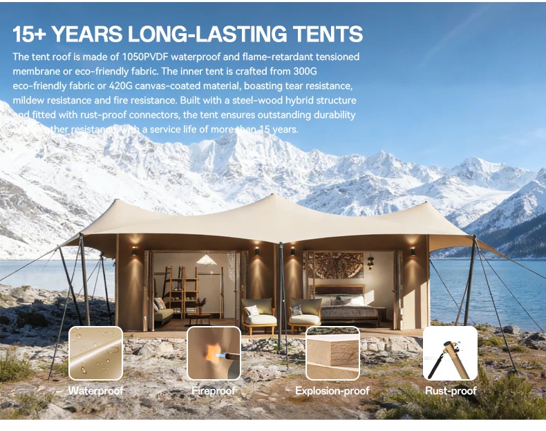 Patagonia Luxury Safari Glamping Tent 12.8x6.8m 87㎡ Khaki PVDF Waterproof Flame-Retardant Resort Tent - Image 3