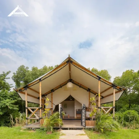 Luxury Double-Layer PVC Wooden Frame Aluminum Pole Safari House Shaped Straight Bracing Type for Outdoor Glamping Summer Resort