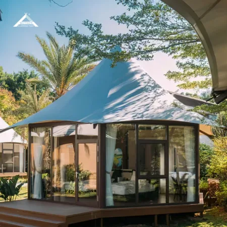 Customized Hotel Resort Camping Accommodation Tent with Bathroom Hexagonal Glass Style Pointed Tent